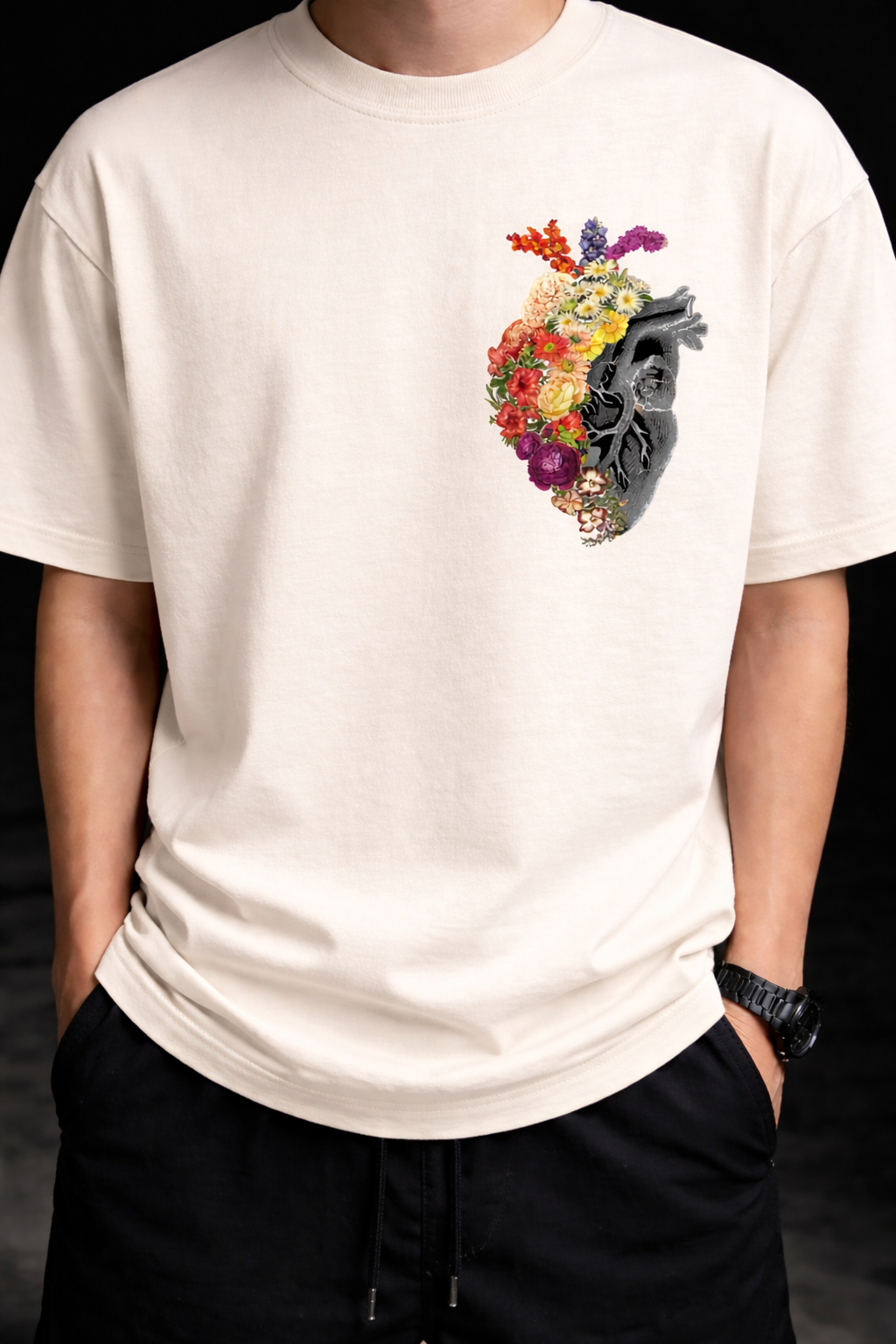 Blooming Heart Oversized Graphic T-Shirt | Botanical Anatomy Art Tee
