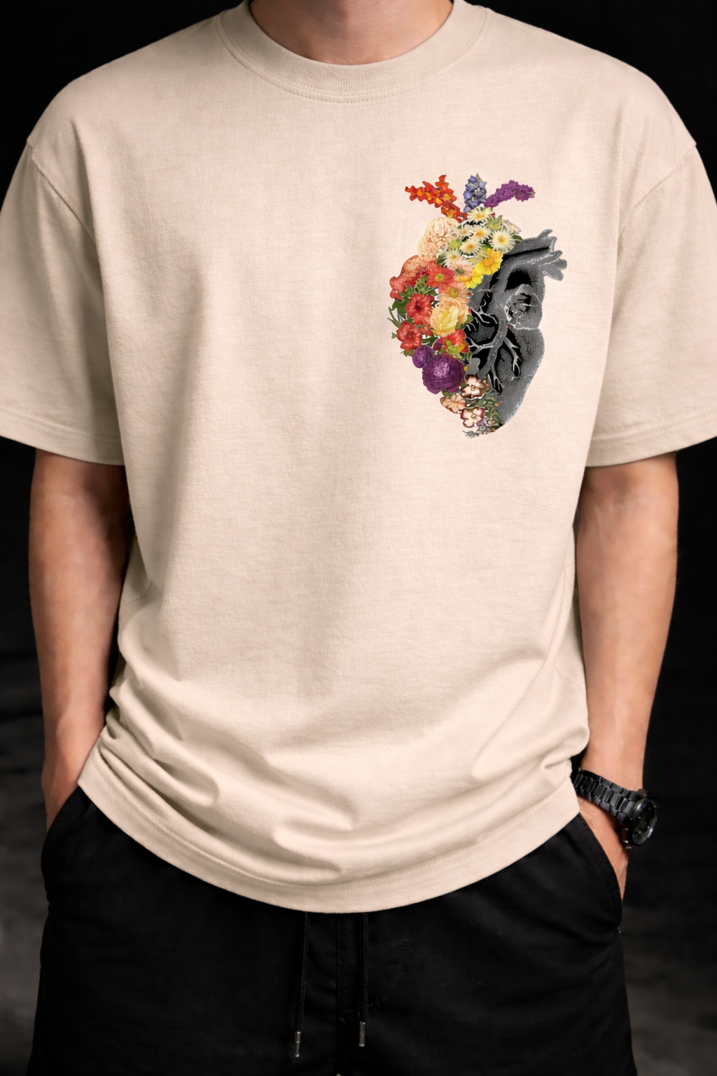 Blooming Heart Oversized Graphic T-Shirt | Botanical Anatomy Art Tee