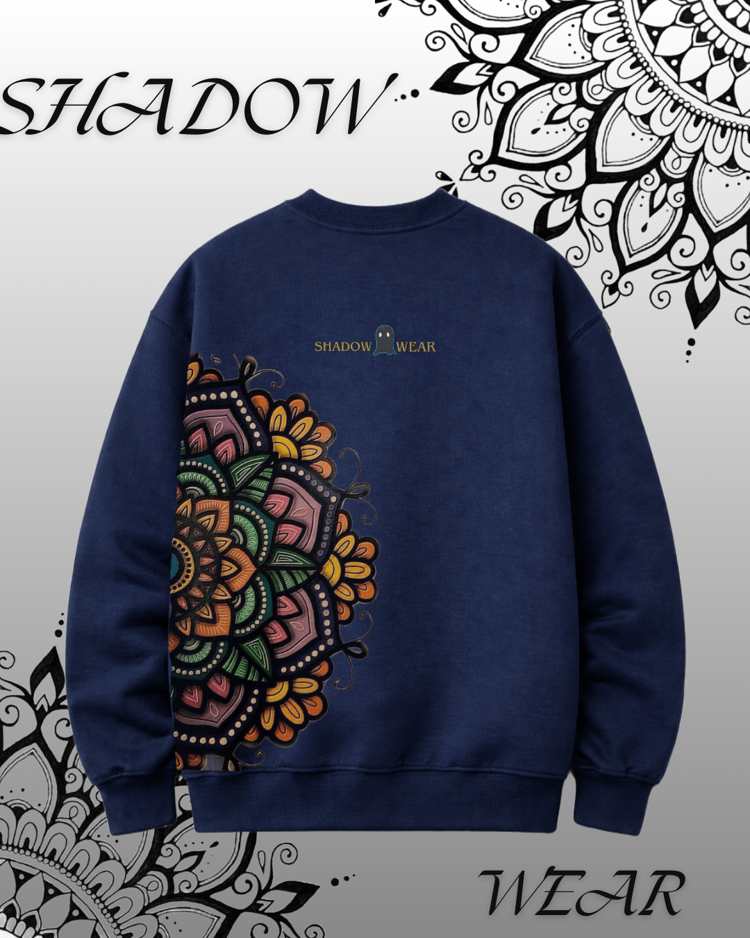 ₹649 sweatshirt: minimal front, bold mandala back, premium winter warmth