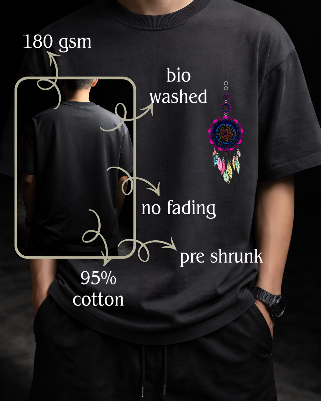 Mandala dreamcatcher graphic t-shirt with spiritual boho artistic style