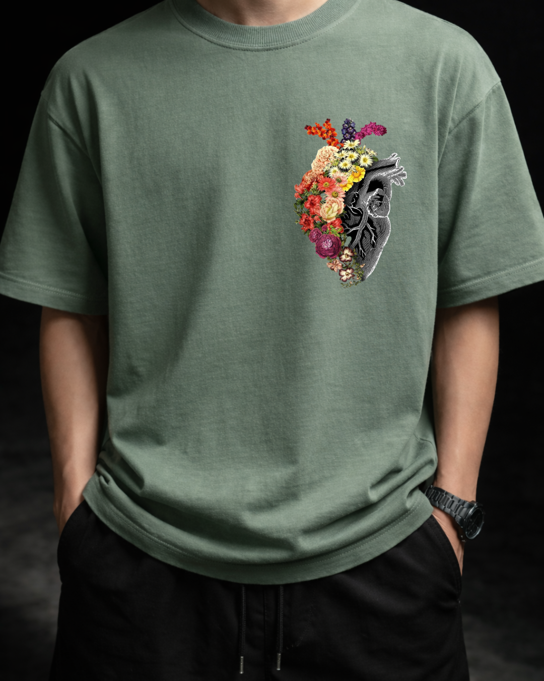Blooming Heart Oversized Graphic T-Shirt | Botanical Anatomy Art Tee