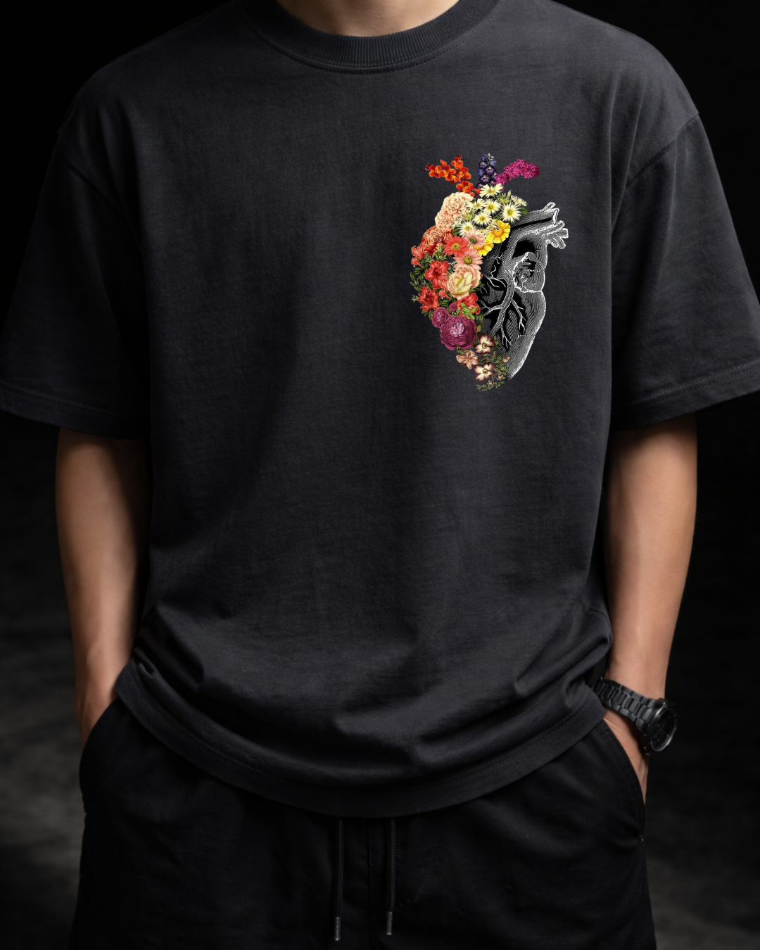 Blooming Heart Oversized Graphic T-Shirt | Botanical Anatomy Art Tee