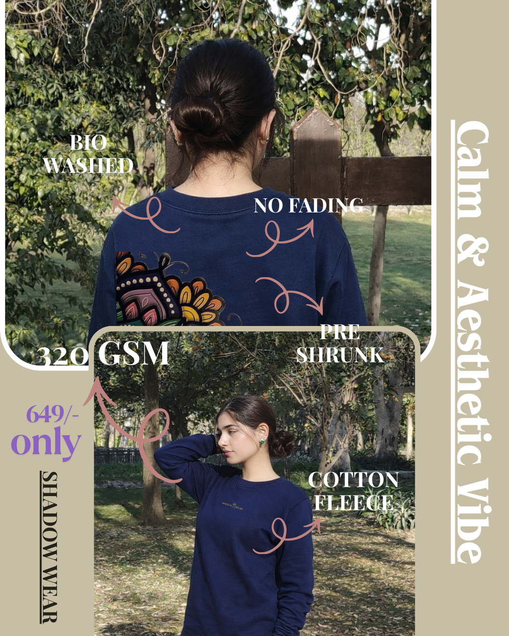 ₹649 sweatshirt: minimal front, bold mandala back, premium winter warmth