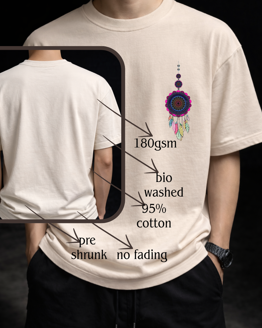 Mandala dreamcatcher graphic t-shirt with spiritual boho artistic style