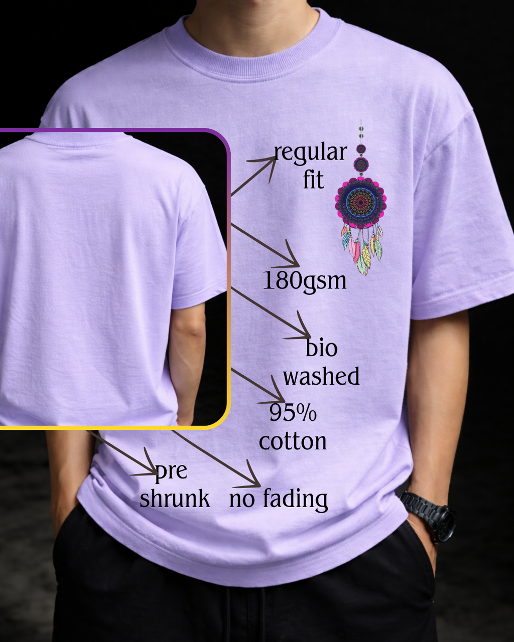 Mandala dreamcatcher graphic t-shirt with spiritual boho artistic style